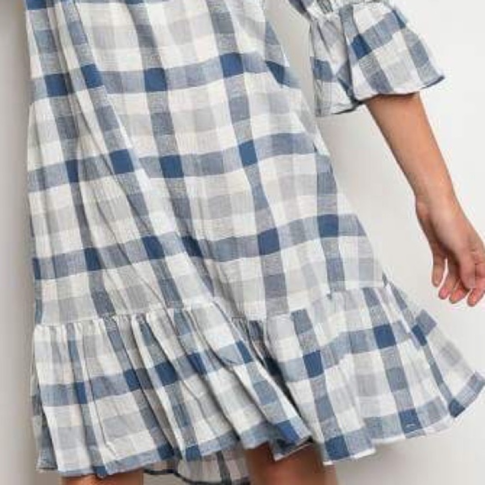 Off The Shoulder Blue Buffalo check Dress - Picture 3 of 4